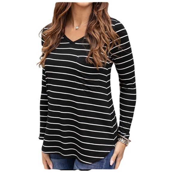 Grace & Lace Long Sleeve Perfect Pocket Tee In Black With White Stripes Size L - Picture 11 of 14